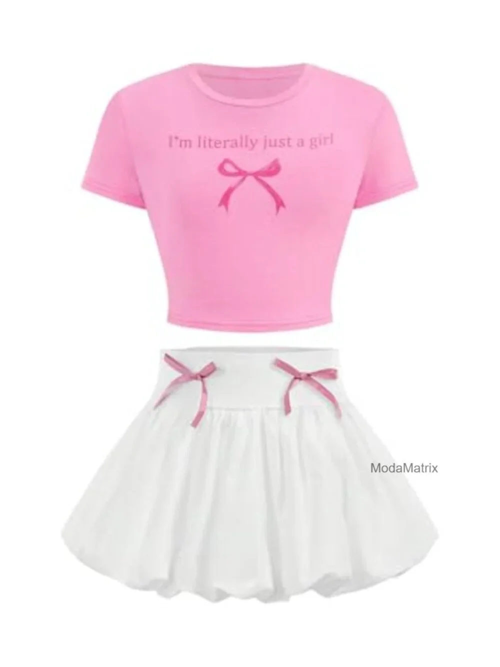 Girls 2 Piece Bubble Skirt Set Short Sleeve Crop Top Bow Knot Letter Print